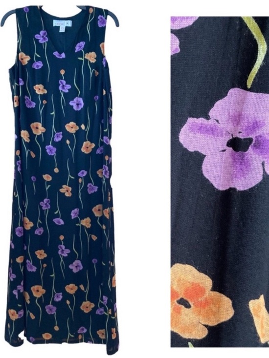 Vintage Dresses & Skirts - Vintage LT Sport Small Black Maxi Dress Floral Sleeveless Orange Purple Green
